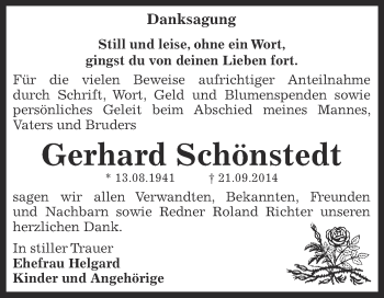 Traueranzeige von Gerhard Schönstedt von Super Sonntag Bernburg