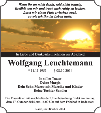 Traueranzeige von Wolfgang Leuchtemann von WVG - Wochenspiegel Wittenberg