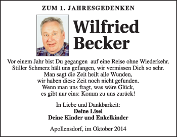Traueranzeige von Wilfried Becker von WVG - Wochenspiegel Wittenberg
