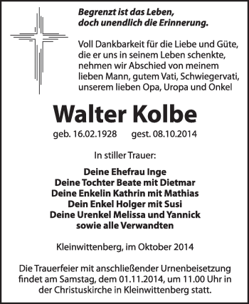 Traueranzeige von Walter Kolbe von WVG - Wochenspiegel Wittenberg