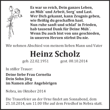 Traueranzeige von Heinz Scholz von WVG - Wochenspiegel NMB / WSF / ZTZ