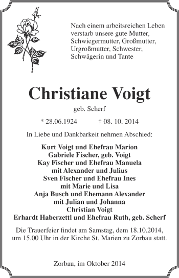 Traueranzeige von Christiane Voigt von WVG - Wochenspiegel NMB / WSF / ZTZ
