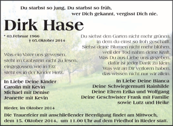 Traueranzeige von Dirk Hase von WVG - Wochenspiegel Quedlinburg
