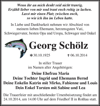 Traueranzeige von Georg Schölz von Super Sonntag Dessau / Köthen