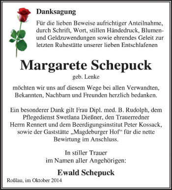 Traueranzeige von Margarete Schepuck von Super Sonntag Dessau / Köthen