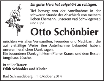 Traueranzeige von Otto Schönbier von WVG - Wochenspiegel Wittenberg