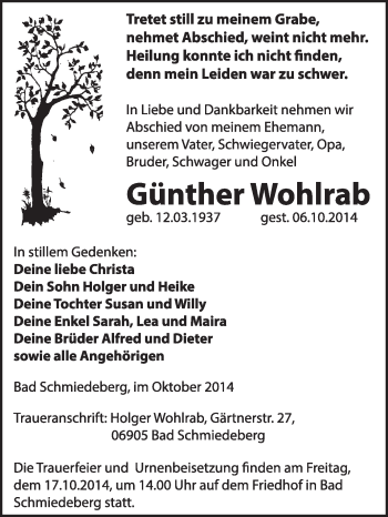 Traueranzeige von Günther Wohlrab von WVG - Wochenspiegel Wittenberg
