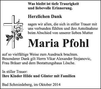 Traueranzeige von Maria Pfohl von WVG - Wochenspiegel Wittenberg