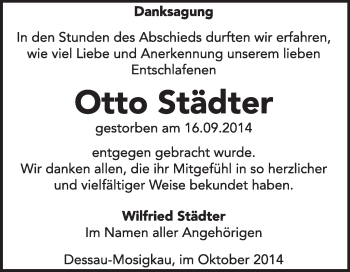 Traueranzeige von Otto Städter von Super Sonntag Dessau / Köthen