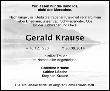 Traueranzeige von Gerald Krause von Super Sonntag Dessau / Köthen