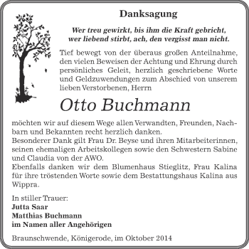 Traueranzeige von Otto Buchmann von Super Sonntag SGH Mansf. Land
