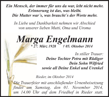 Traueranzeige von Marga Engelmann von WVG - Wochenspiegel Quedlinburg