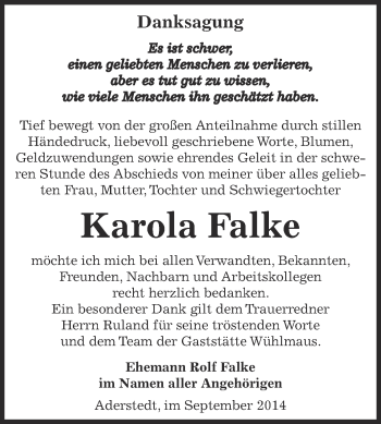 Traueranzeige von Karola Falke von Super Sonntag Bernburg