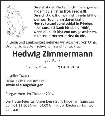 Traueranzeige von Hedwig Zimmermann von WVG - Wochenspiegel NMB / WSF / ZTZ
