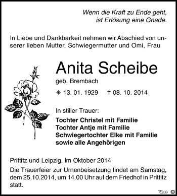 Traueranzeige von Anita Scheibe von WVG - Wochenspiegel NMB / WSF / ZTZ