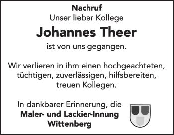 Traueranzeige von Johannes Theer von Super Sonntag Wittenberg