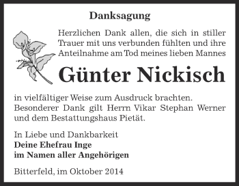 Traueranzeige von Günter Nickisch von WVG - Wochenspiegel Bitterfeld
