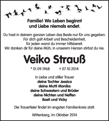 Traueranzeige von Veiko Strauß von Super Sonntag Wittenberg