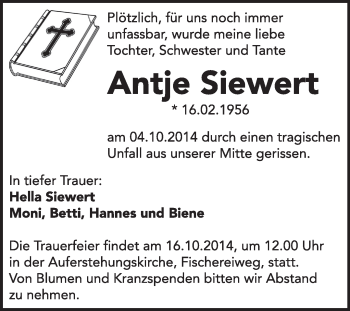 Traueranzeige von Antje Siewert von Super Sonntag Dessau / Köthen
