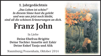 Traueranzeige von Franz John von WVG - Wochenspiegel NMB / WSF / ZTZ