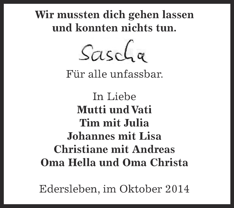 Traueranzeige für Sascha  vom 15.10.2014 aus Wochenspiegel Mansfelder Land