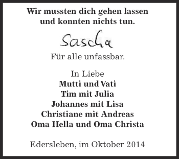 Traueranzeige von Sascha  von Wochenspiegel Mansfelder Land