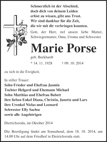 Traueranzeige von Marie Porse von WVG - Wochenspiegel NMB / WSF / ZTZ