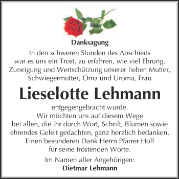 Traueranzeige von Lieselotte Lehmann von WVG - Wochenspiegel NMB / WSF / ZTZ