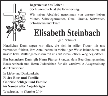 Traueranzeige von Elisabeth Steinbach von WVG - Wochenspiegel NMB / WSF / ZTZ