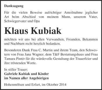 Traueranzeige von Klaus Kubiak von WVG - Wochenspiegel NMB / WSF / ZTZ