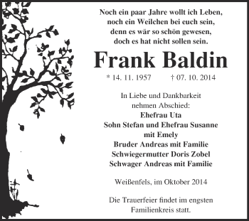 Traueranzeige von Frank Baldin von WVG - Wochenspiegel NMB / WSF / ZTZ