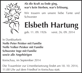 Traueranzeige von Elsbeth Hartung von WVG - Wochenspiegel NMB / WSF / ZTZ