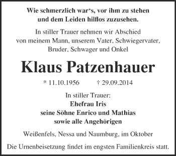 Traueranzeige von Klaus Patzenhauer von WVG - Wochenspiegel NMB / WSF / ZTZ