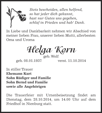 Traueranzeige von Helga Korn von Super Sonntag Bernburg