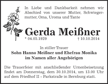 Traueranzeige von Gerda Meißner von Super Sonntag Bernburg