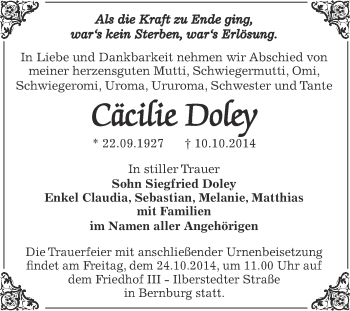 Traueranzeige von Cäcilie Doley von Super Sonntag Bernburg