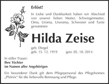 Traueranzeige von Hilda Zeise von WVG - Wochenspiegel NMB / WSF / ZTZ