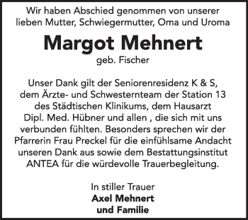 Traueranzeige von Margot Mehnert von Super Sonntag Dessau / Köthen