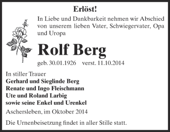 Traueranzeige von Rolf Berg von WVG - Wochenspiegel Aschersleben