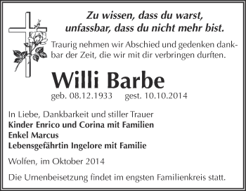 Traueranzeige von Willi Barbe von WVG - Wochenspiegel Bitterfeld
