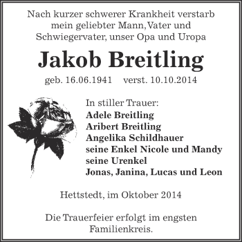 Traueranzeige von Jakob Breitling von Super Sonntag SGH Mansf. Land