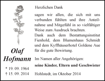 Traueranzeige von Olaf Hofmann von Super Sonntag SGH Mansf. Land