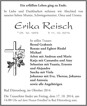 Traueranzeige von Erika Reisch von Super Sonntag Merseburg