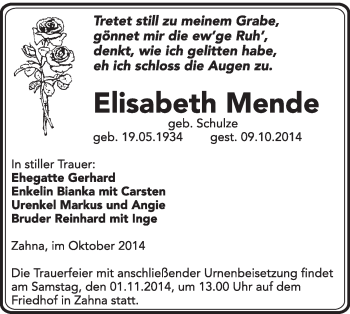 Traueranzeige von Elisabeth Mende von Super Sonntag Wittenberg