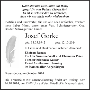 Traueranzeige von Josef Gorke von WVG - Wochenspiegel Merseburg