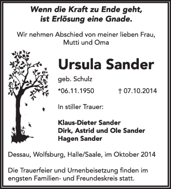 Traueranzeige von Ursula Sander von Super Sonntag Dessau / Köthen