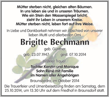 Traueranzeige von Brigitte Bechmann von WVG - Wochenspiegel Merseburg