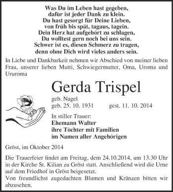 Traueranzeige von Gerda Trispel von WVG - Wochenspiegel Merseburg