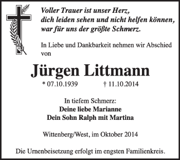Traueranzeige von Jürgen Littmann von WVG - Wochenspiegel Wittenberg
