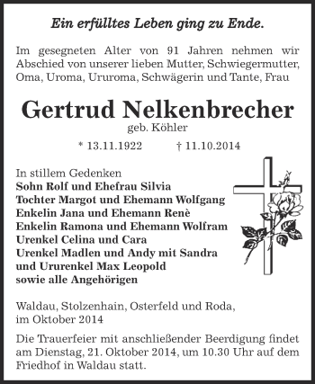 Traueranzeige von Gertrud Nelkenbrecher von Super Sonntag Zeitz
